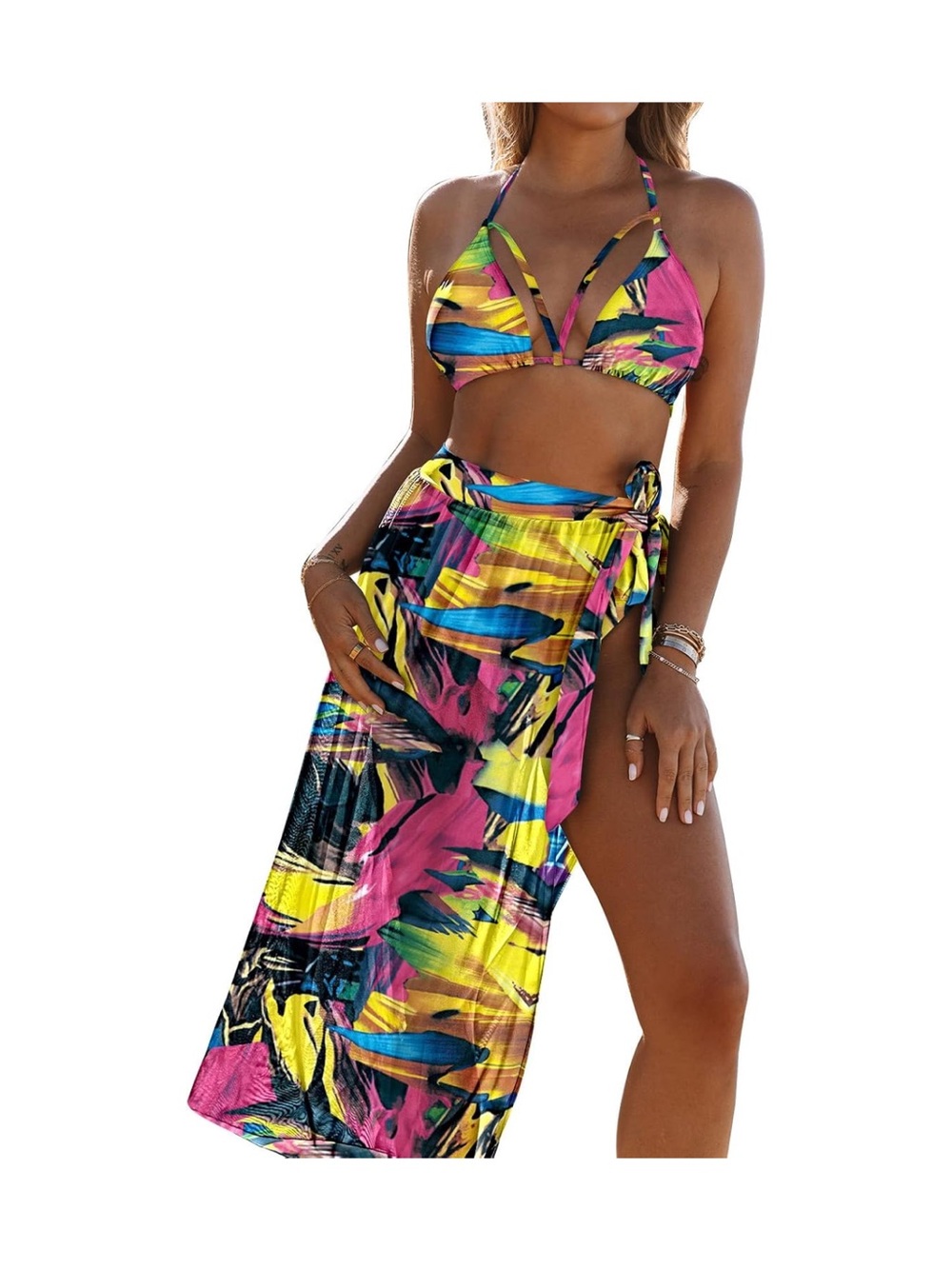 Vibrant Tropical Print Swim Two-Piece with Sarong